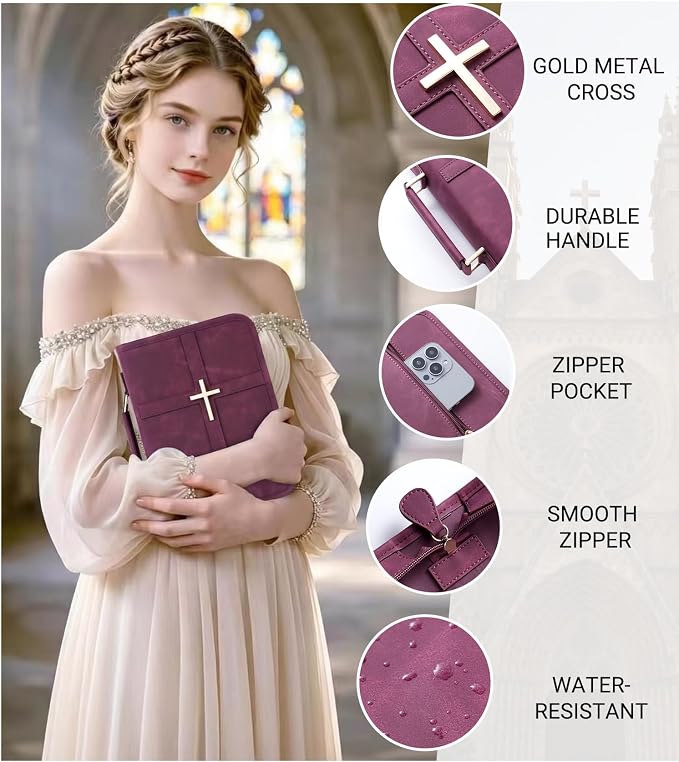 Vegan Leather Bible Cover for Men & Women, Bible Case with Gift Box, Christian Catholic Religious Bible Gifts (Red)