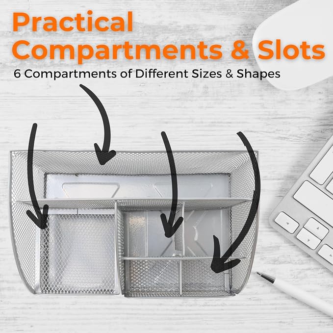 Mesh Desk Organizers with Compartments, 6-Section Desktop Storage Caddy with Drawer for Home, Office, and School, Sticky Notes, Pen & Pencil Holder, Silver