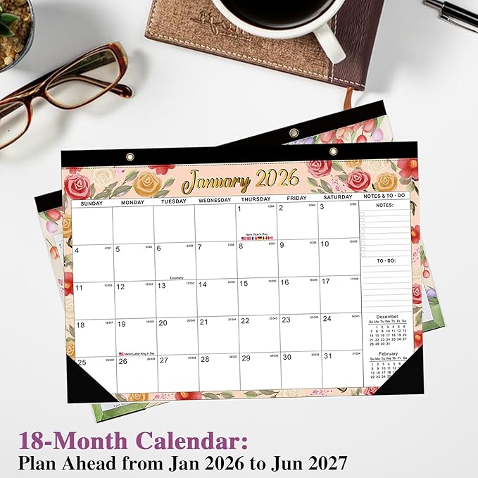2026-2027 Desk Calendar – 18-Month Watercolor Floral Wall/Desk Calendar, 17" x 12", Monthly Planner with Elegant Botanical Designs, January 2026 to June 2027
