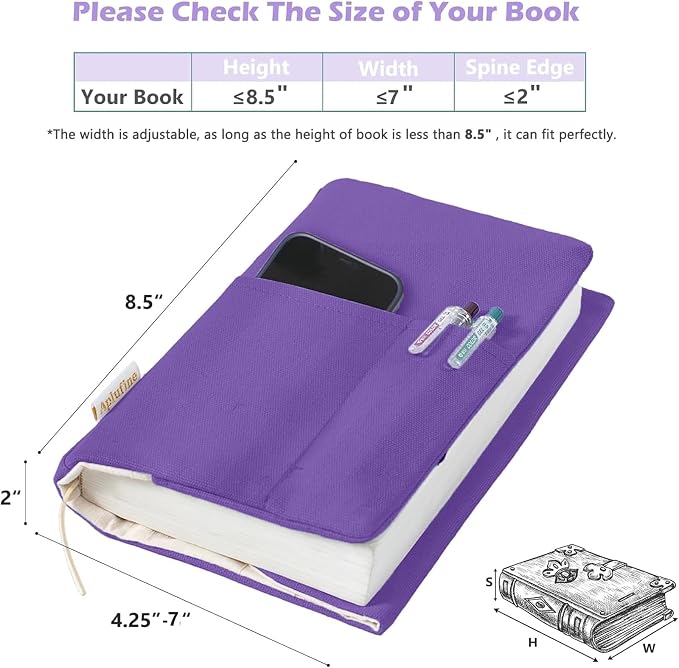 APLUFINE Canvas Book Covers, Washable Book Protector, Jumbo Book Cover for Paperback Novels, Adjustable Book Cover for Hardcover with Pockets for Pen, Soft Cover Books, Book Lovers Gifts, Lavender