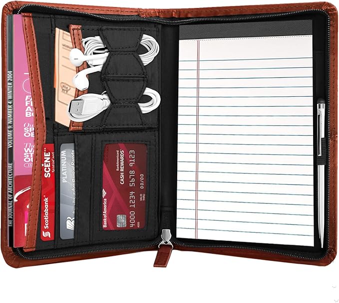 Junior Padfolio Portfolio with 5 x 8 Writing Pad, A5 Business Portfolio Binder Folder Organizer Multi-Function Combination Case for Men Women, Brown