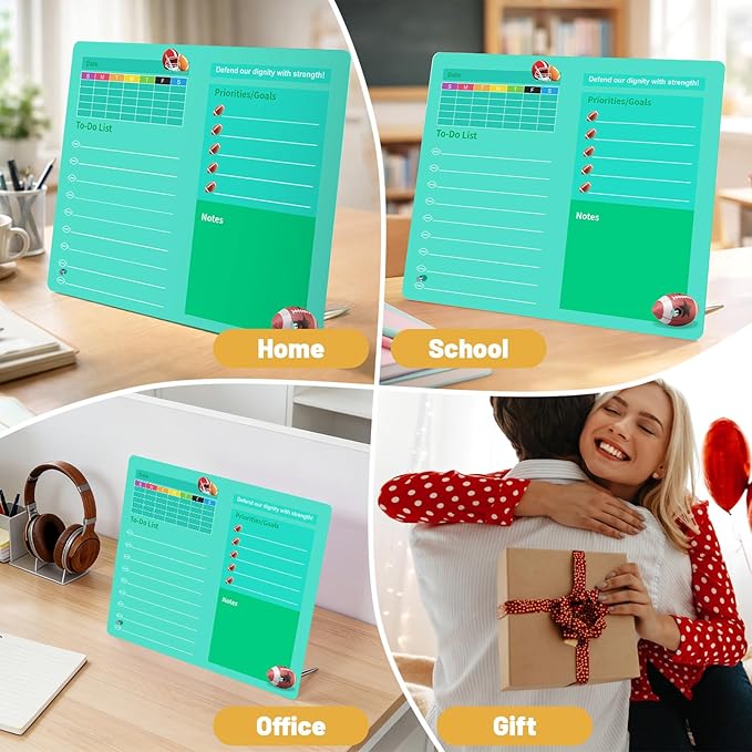 LeMotech Desktop Acrylic Dry Erase Board, 12x10 inches Weekly & to-Do List Planner, Tabletop Whiteboard with Stand, Office Supplies Includes 2 Markers & 1 Eraser, Green Football Pattern, 1 Pack