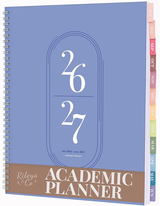 Rileys Academic Planner 2026-2027, Daily, Weekly & Monthly Planner, July 2026 - June 2027, Student Notes Pages, Twin-Wire Binding, Weekly Agenda for School & Work (8.5 x 11-Inches, Blue)