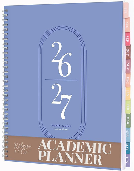Rileys Academic Planner 2026-2027, Daily, Weekly & Monthly Planner, July 2026 - June 2027, Student Notes Pages, Twin-Wire Binding, Weekly Agenda for School & Work (8.5 x 11-Inches, Blue)