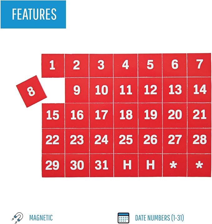 MasterVision Magnetic 1-31 Calendar Board Numbers, Set of 35-1" Calendar Dates, White on Red, Perfect Magnets for Dry Erase Planning Boards