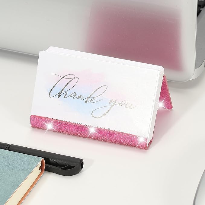 PATIKIL Business Card Holder for Desk, 2Pcs Acrylic Business Card Holders Shine Card Stand Organizer Cards Display for Office Exhibition, Rose Red