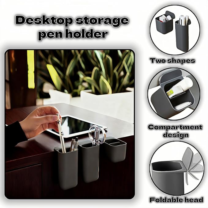 Sticky Desk Organizer, 3-Pack Monitor Side Storage with Adhesive - Multifunctional Desktop Pen Holder for Stationery, Jewelry, Remote Control - Space Saving Grey PP Material for Office & Home