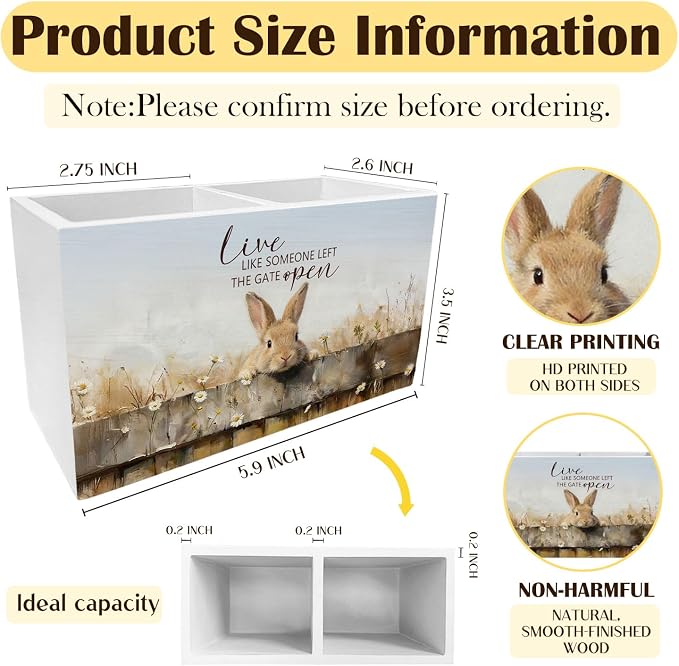 Rustic Daisy Bunny Pen Holder for Desk, Bunny Rabbit Lover Gifts Pencil Organizer, Live Like Someone Left the Gate Open Wooden Box Sign Desk Decor for Home Office Decoration