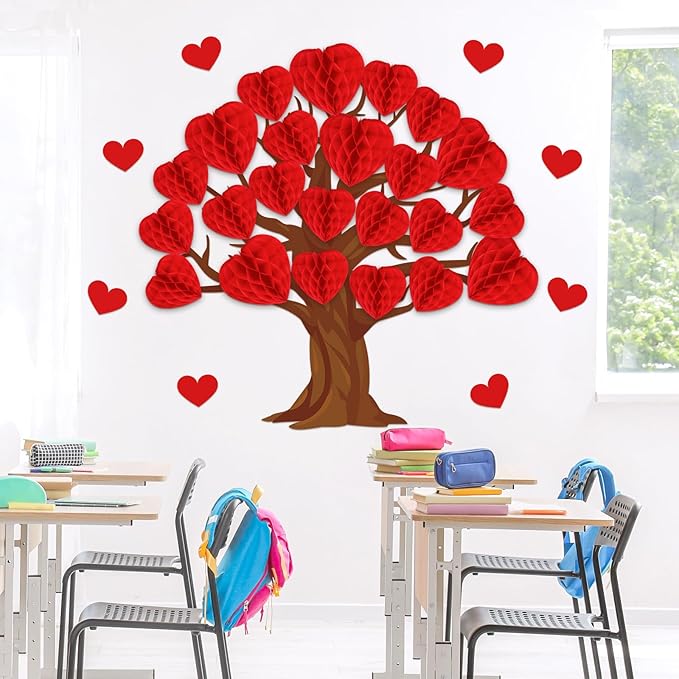 JarThenaAMCS 50Pcs Valentine' s Day Tree Bulletin Board Set 3D Heart Honeycomb Tree Classroom Decorations Red Heart Paper Cutouts for School Wall Door Decor Valentines Party Supplies