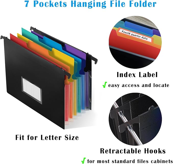 7-Pockets Hanging File Folder with Retractable Hooks for Filing Cabinet, Letter Size Expandable Accordion File Organizer with Elastic Band for File Frame or On-The-Go Use (3 Pack)