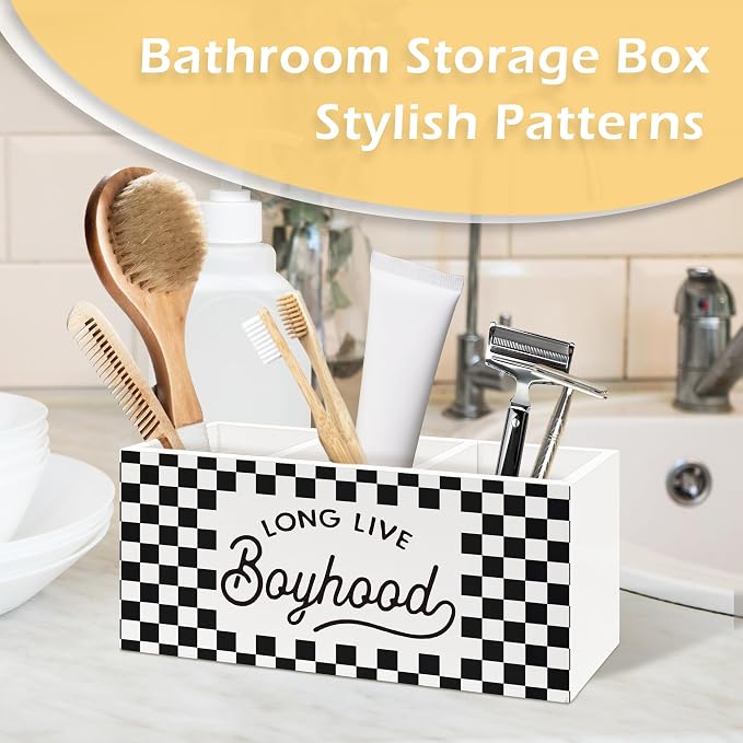 Long Live Boyhood Pen Pencil Holder, Checkered Desk Accessories, Black and White Checkered Wooden Pen Pencil Organizer for Boys Room Bedroom Playroom Office Desk Decor