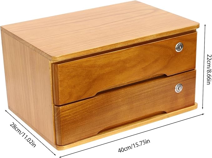 Lockable Desk Organizer Wooden Desktop Drawers Office Flat Files Storage Box Locking Countertop Storage Cabinet (Wood Yellow, 2-Tier)