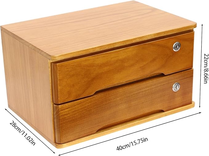 Desktop Storage Organizer Countertop Storage Cabinet with Lockable Drawers Wooden Desk Organizer for Office Supplies File Jewelry Accessories (2 Tiers)