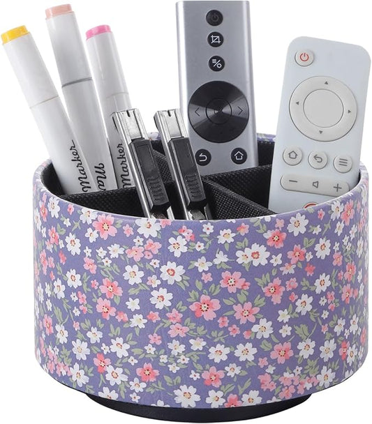360 Degree Rotating Remote Holder for Table, Spinning Desk Organizer, Desk Caddy Pen Cup for Nightstand, Coffee Table, Office, 4 Compartment Stationary Remote Basket, Small Flowers PH129