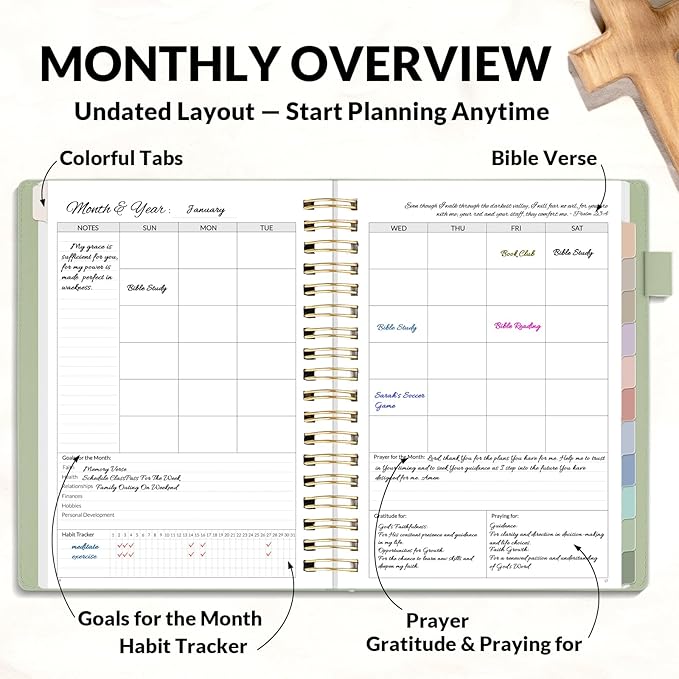 SUNEE Christian Planner - Undated 12 Month Bible Journal and Prayer Planner A5 Spiral Bound, Monthly & Weekly Christian Organizer Gifts for Women Men (Grey Green)
