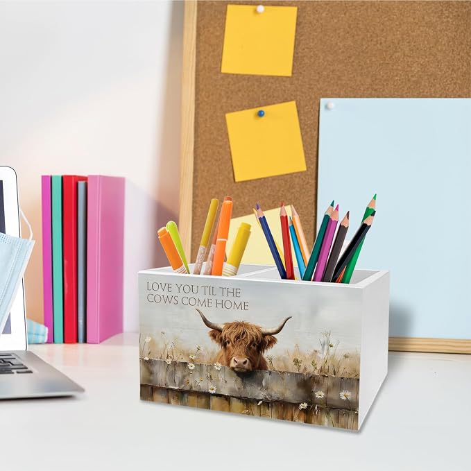 Farmhouse Highland Cow Pen Holder for Desk, Highland Cow Lover Gifts Pencil Organizer, Love You Til the Cows Come Home Wooden Box Sign Desk Decor for Home Office Decoration