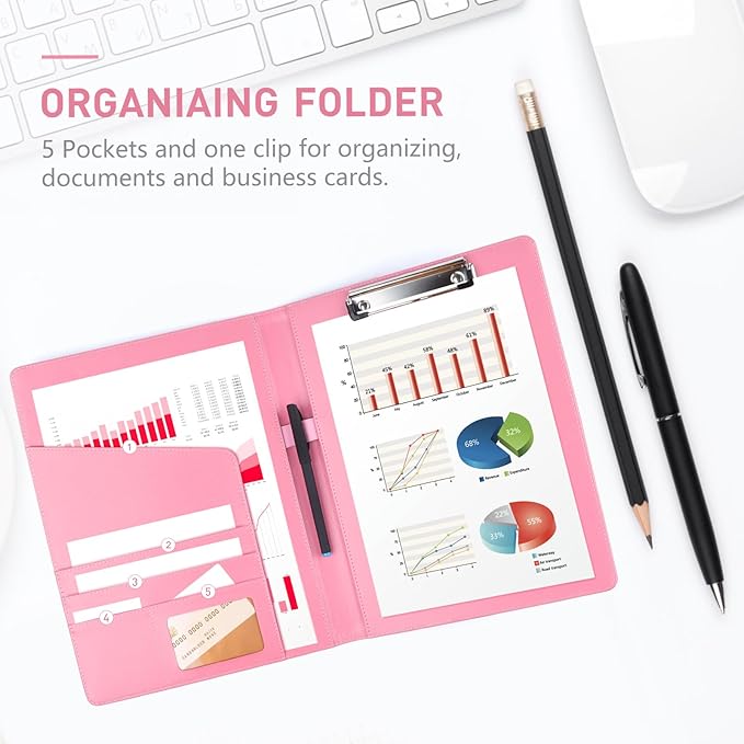 Geila Padfolio Portfolio A4 Clipboard Folder, Suitable for Work, Writing, and Meetings, Faux Leather Folder with A4 Paper and Pen (Pink)