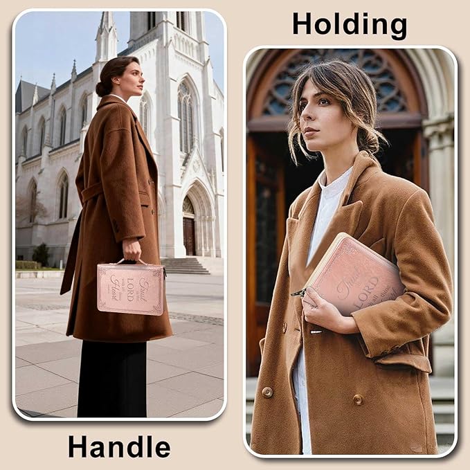 Large Bible Cover Case for Men Women, Mens Bible Covers Cases Leather Bible Cover Carrying Case for Women Men with Handle Zippered Bible Book Cover Holder Bag Case(Rose Gold, L)