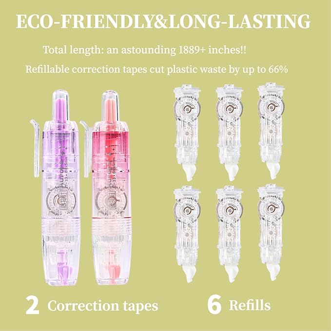 Refillable Correction Tape, 157 ft Total – 2 Pre-Filled Dispensers + 6 Snap-In Refills, School & Office Supplies, Pink &Purple