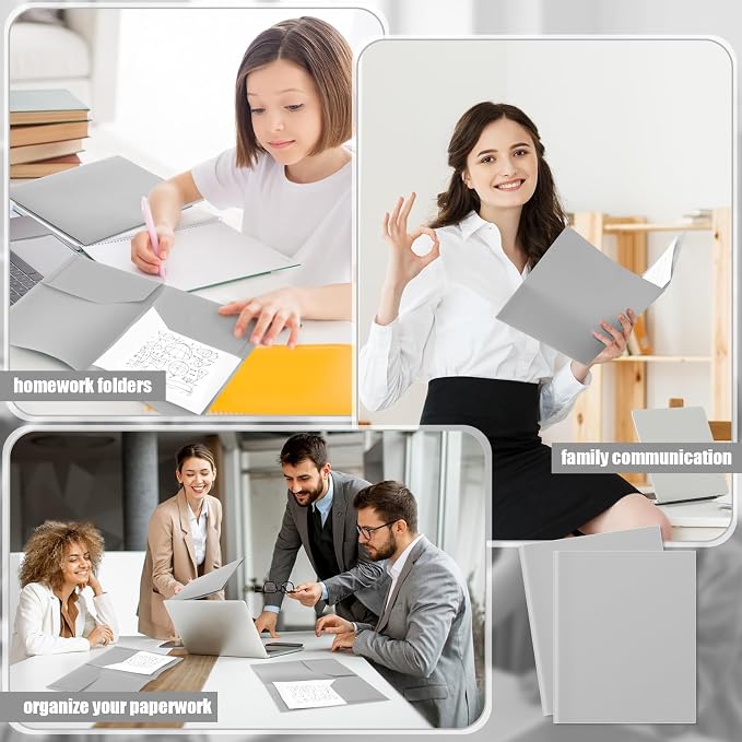 Gueevin 100 Pack Plastic Folder with Pockets, 2 Pocket Folders, Plastic Glossy Folders Fit Letter Size Paper, Heavy Duty Durable File Folder with Business Card for Home Office School (Gray)