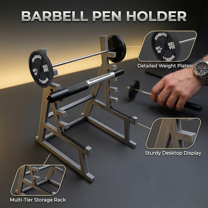 Squat Rack Pen Holder for Desk, Funny Barbell Pencil Cup with Mini Gym Equipment Design, Unique Office Stationery Organizer Decor, Gym Gifts for Men, Weightlifting Lovers and Workout Fans