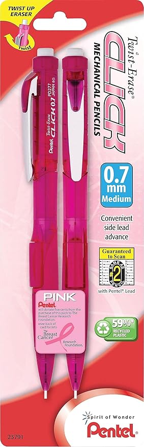 Pentel Breast Cancer Awareness Twist Erase CLICK Mechanical Pencil, (0.7mm) (PD277TBP2P-BC)
