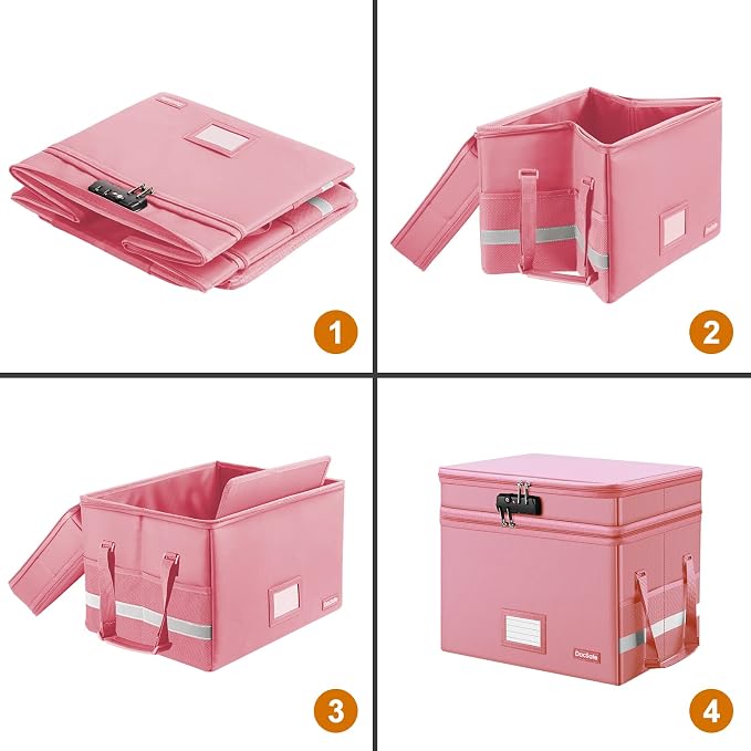 DocSafe File Box with Lock,Multi-Layer Fireproof Document Box Collapsible File Storage Organizer with Pockets/Handle,Large Portable Home Office Filing Safe for Hanging Letter/Legal Size Folders,Pink