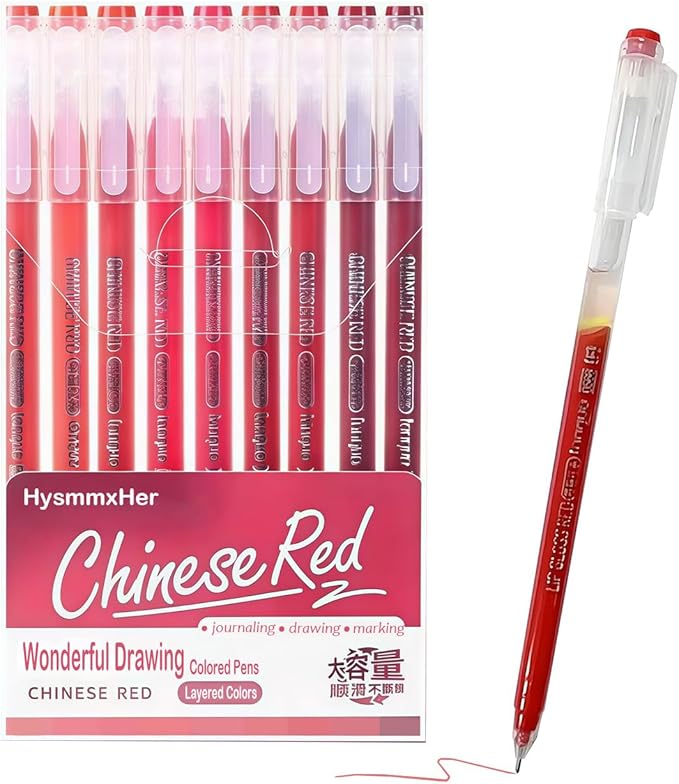 9 Colored Gel Pens Set, 0.6mm Fine Point for Black Paper & White Paper, Pens for Journaling, Adult Coloring Books, Bible, Drawing, Note Taking, Art & Journaling Supplies（China Red）