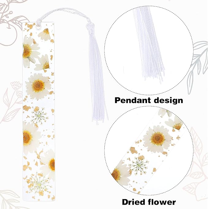 Gjinxi 2Pcs Book Page Holder, Dried Flower Resin Thumb Book Page Holder and Bookmark with Tassel, Book Accessories for Reading Lovers, Gift for Bookworm, Readers, Literary, Students, Teachers (White)