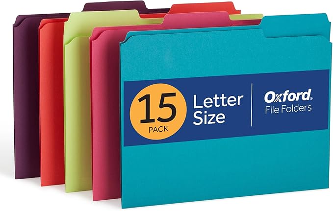Oxford Colored File Folders, 15 Pack, 3 Tabs, 5 Bright Colors, Letter Size (8.5" x 11"), Color-Coding for School, Office & Home Document Organization