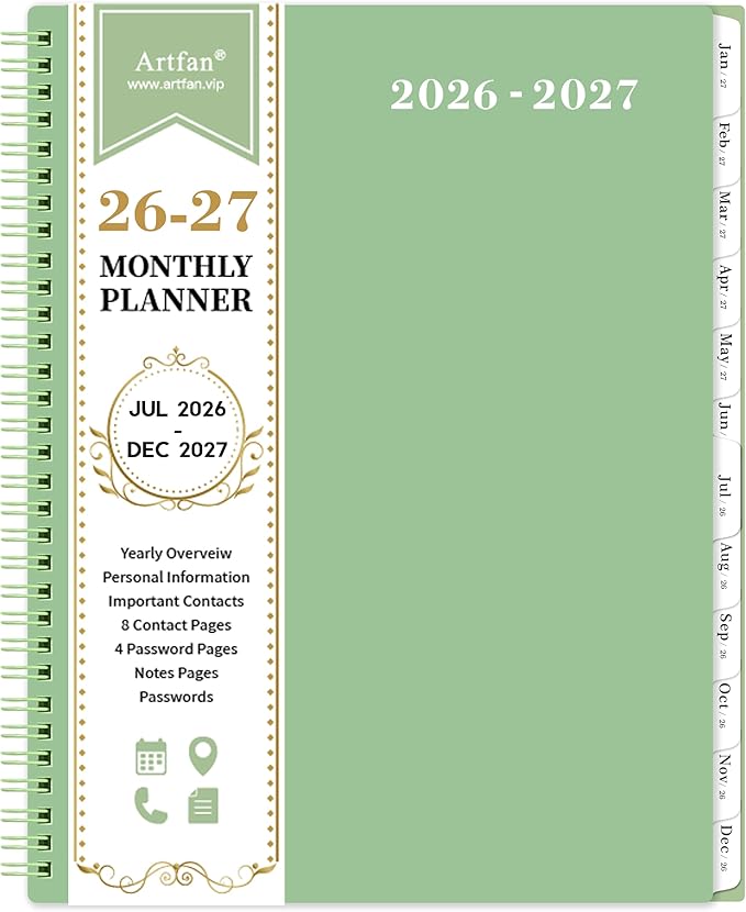 2026-2027 Monthly Planner - Planner/Calendar 2026-2027, Jul 2026 - DEC 2027, 9" x 11", 26-27 Academic Planner with Thick Paper, Twin-Wire Binding, Monthly Planner with Tabs & Pocket & Label, Green