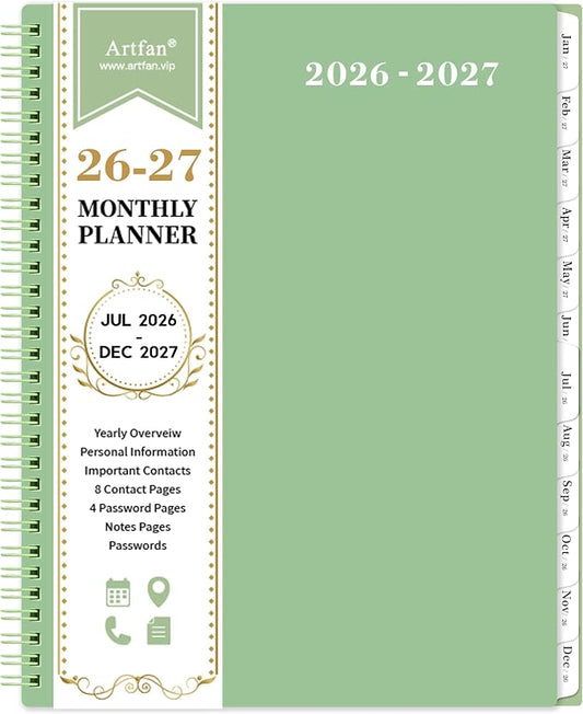 2026-2027 Monthly Planner - Planner/Calendar 2026-2027, Jul 2026 - DEC 2027, 9" x 11", 26-27 Academic Planner with Thick Paper, Twin-Wire Binding, Monthly Planner with Tabs & Pocket & Label, Green