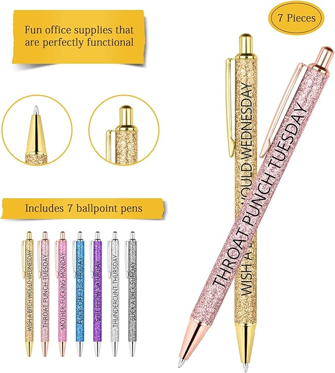 AUAUY Funny Pens - 7PCS Ballpoint Set for Each Day, Spoof Fun Office Gifts