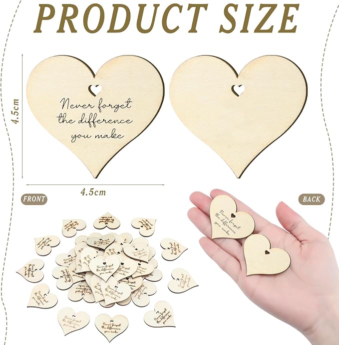 48 Pcs Employee Appreciation Tokens Gifts Bulk Never Forget the Difference You Make Wooden Bookmarks Thank You Tokens Keepsake Craft for Staff Teacher Xmas Party Favors(Heart)