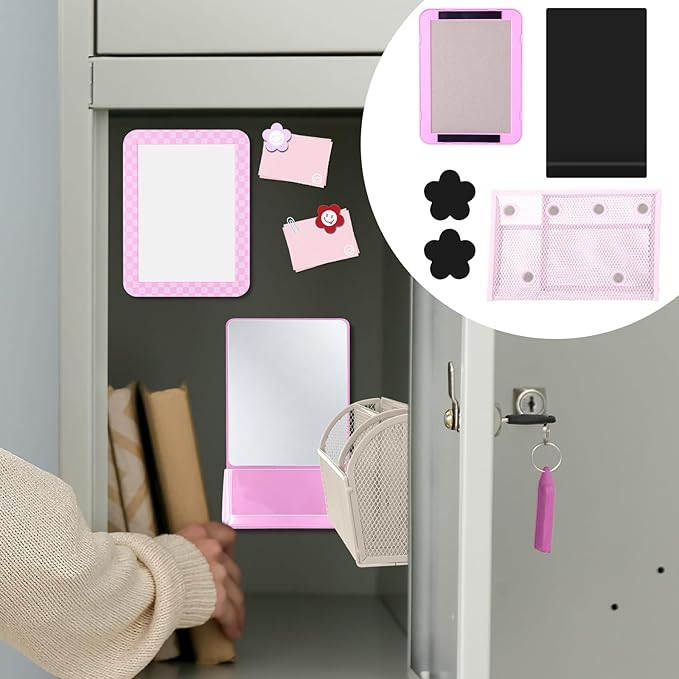 Fuyoooo Magnetic Locker Accessories Back to School Essentials Include Magnetic Mirror with Holder Magnet Mesh Pen Holder Small Whiteboard and Magnet for Office School Locker Organizer (Modern,Pink)