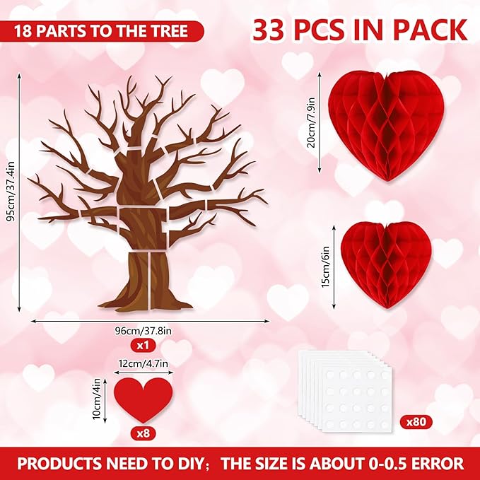JarThenaAMCS 50Pcs Valentine' s Day Tree Bulletin Board Set 3D Heart Honeycomb Tree Classroom Decorations Red Heart Paper Cutouts for School Wall Door Decor Valentines Party Supplies