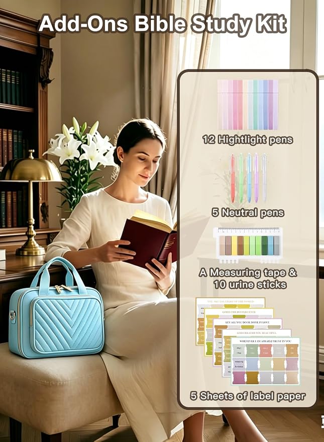 Large Bible Bag with Study Supplies, Womens Bible Cover Journaling Kit w/Highlighters Tabs, Blue Girls Bible Case, Quilted Ladies Book Travel Case w/Shoulder Strap, Christian Gifts for Teen