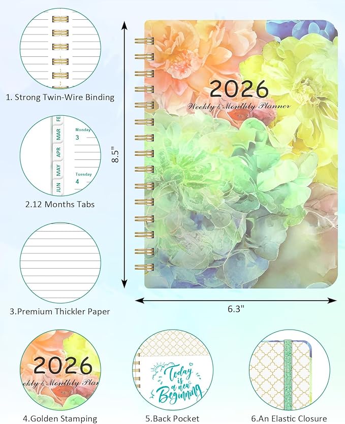 2026 Weekly and Monthly Planner - 2026 Hardcover Calendar Planner, Jan. 2026 - Dec. 2026, Daily Agenda Book with Tabs, Twin-Wire Binding, Back Pocket, School Teacher Student Supplies, A5(6.3" x 8.5") (Spring Flower)