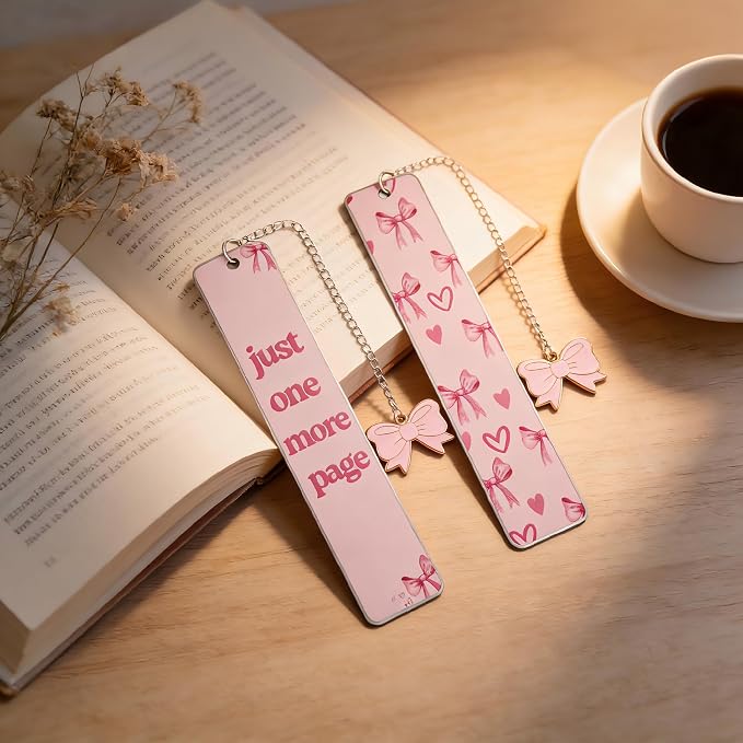 Pink Bowknot Stainless Steel Bookmark - Printed with Cute Bowknot Patterns & Equipped with Heart Pendants, Ideal for Female Readers, Perfect Birthday Gift for Girlfriends (Double-Sided D)
