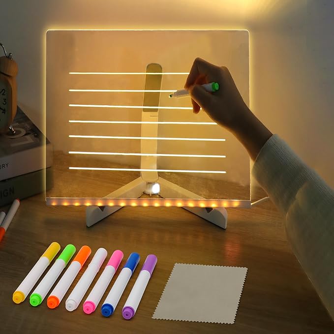 LED Note Board with Colors, Acrylic Dry Erase Board with Light, Magical Light Board, Light Up White Board with 7 Color Pen and Adjustable Stand, for Office School Home, Gift for Kids(6"x6")