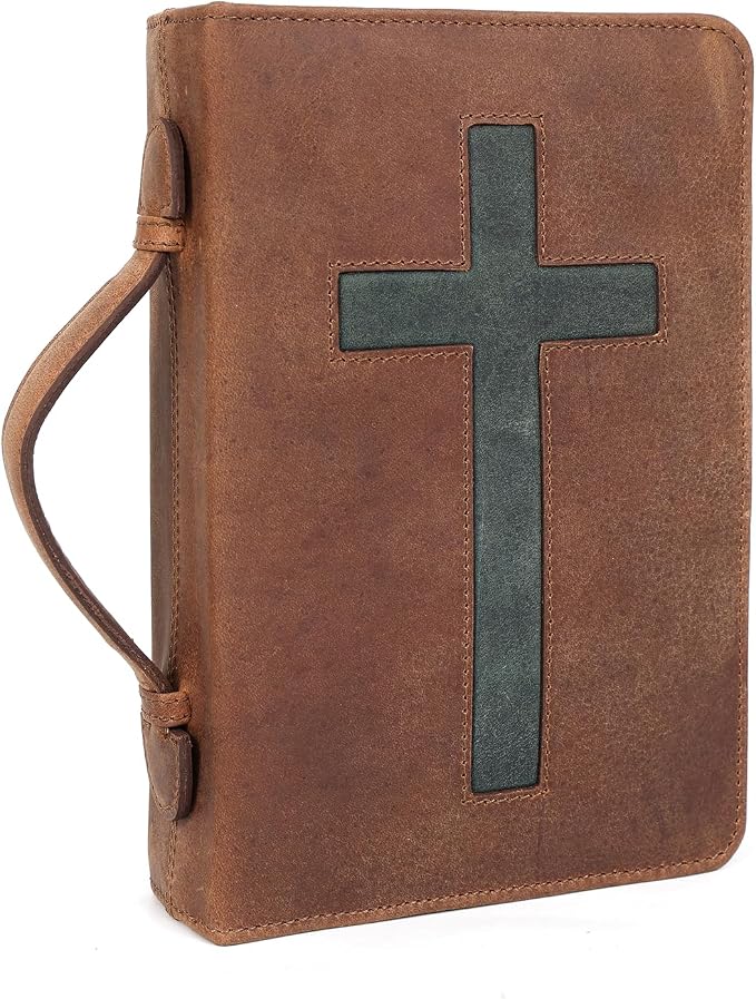 ELIZO Leather Bible Cover Bible Case for Men Women Genuine Leather Bible Bag Holder Cross Large Carrying with Zipper Case Protector Christian Religious Gifts for Mens Pioneer (Saddle/Green, Small)