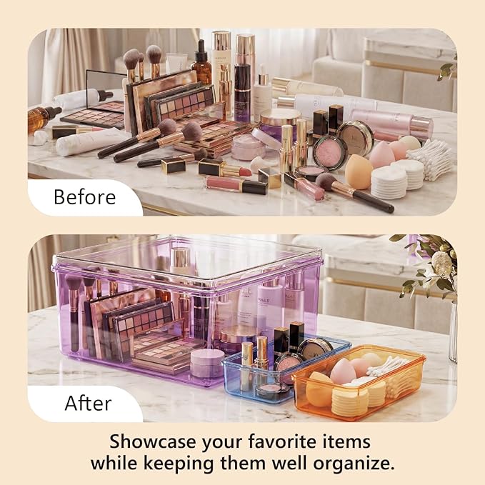 MOSSRIVER 5 Pack Clear Drawer Organizer Set, Plastic Desk Organizer Bin with Lid & Trays, Colorful Storage Box with Removable Trays for Cosmetics, Jewelry, Bedroom, Bathroom, Office, Combo 08