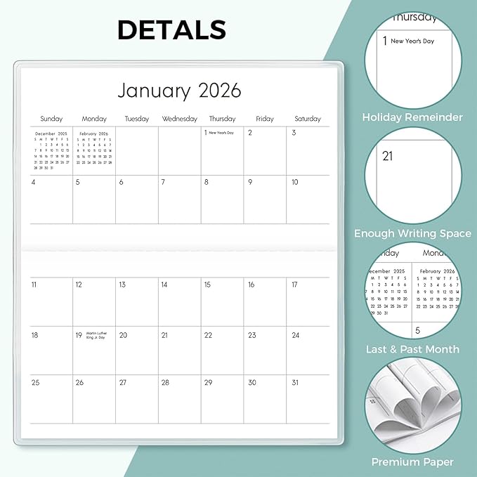 Pocket Calendar 2026-2027 for Purse, 2026-2027 Pocket Planner 24 Months with Soft Waterproof Cover and Premium Paper, 6.5" x 3.5", Leaf