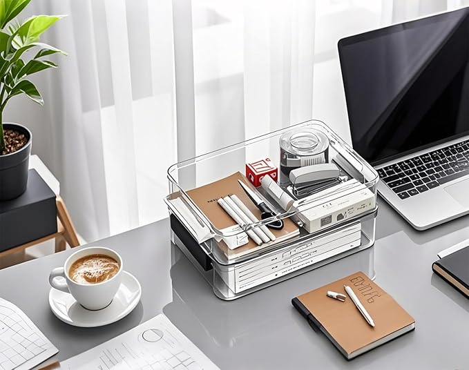 2 Pcs Plastic Portable Project Case, Clear Stackable Storage Boxes Organizer for A4 Files, Scrapbooks, Art Supplies (‎Blue Latch, Large)
