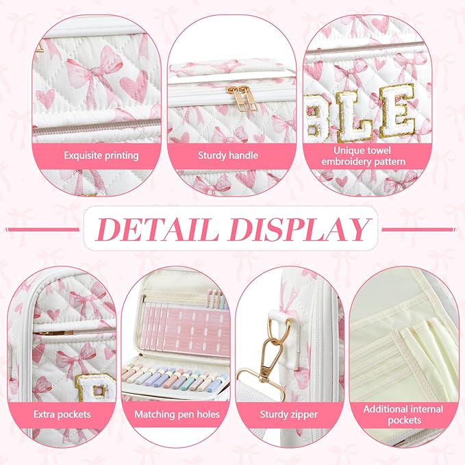 Sinload Quilted Bible Cover Case for Women 12 x 9 x 2.5 Inch Bible Chenille Letter Bag with Shoulder Strap Carrying Tabs 6 Colored Pens 12 Highlighters Christian Church Study Gifts(Pink,Love Bow)