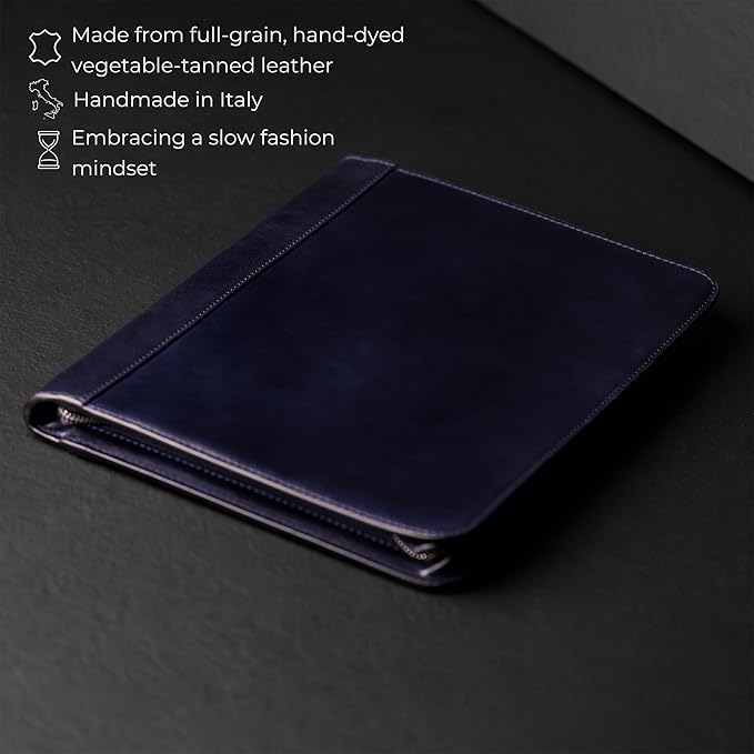 Time Resistance Leather Portfolio - A4 Document Folder - Italian Handcrafted Padfolio Organizer (Blue) - Gift Box Included