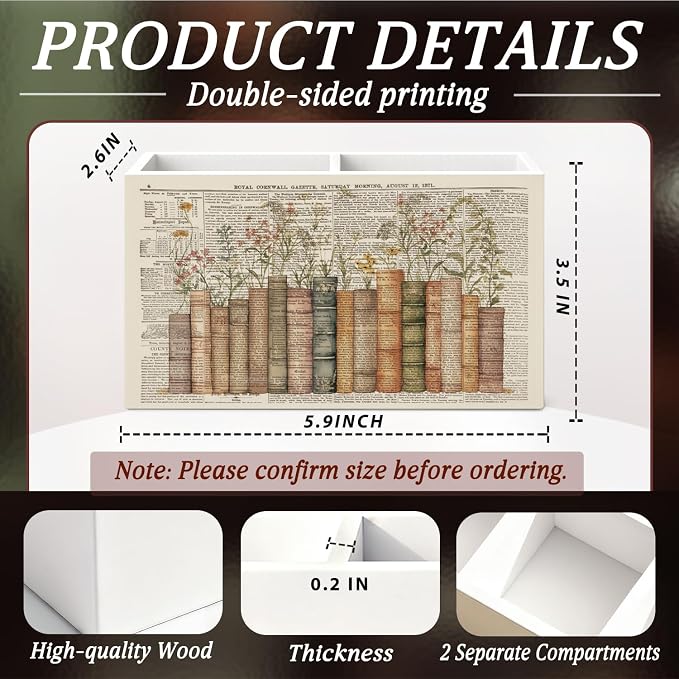 Vintage Book Floral Pen Pencil Holder for Desk Book Lovers Reader Gifts, Reading Corner Nook Decor, Bookish Wooden Box Sign Decorations for Reading Room Classroom Bedroom Desk Tabletop