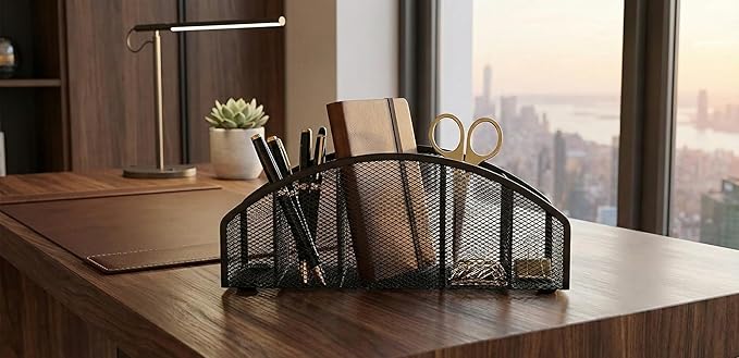 5-Tier Desk Organizer & Pen Holder, Large-Capacity Metal Mesh Pencil Cup, Cute Aesthetic Desktop Caddy for Markers, Art Supplies, Makeup Brushes, Black