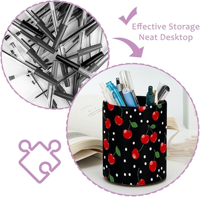 Cherry Pen Holder Pencil Organizer Cute Pencil Cup Desk Decor Makeup Brush Holder PU Multifunctional Office Supplies for Home Classroom School