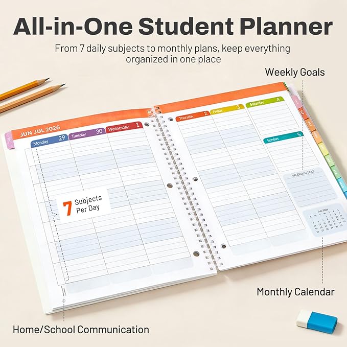 Student Planner 2026-2027, SUNEE Academic Weekly & Monthly Plan Book, Jul. 2026 - Jun. 2027, 8.5"×11" School Planner, Lesson Plan Book with Week's Goals, Bookmark, Monthly Tabs, 3-Hole Punched, Black